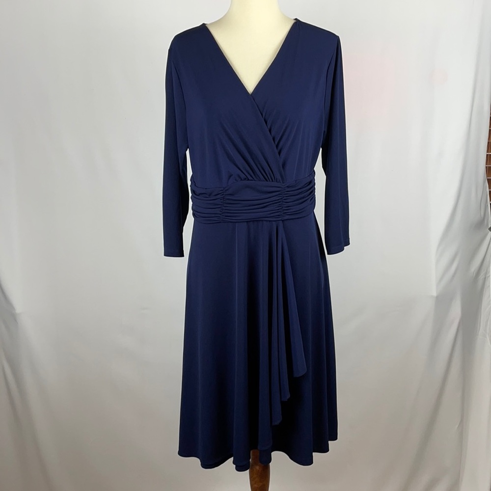 New York & Company Navy Blue Dress w/ Ruched Waist & Draped Skirt - Size Medium
